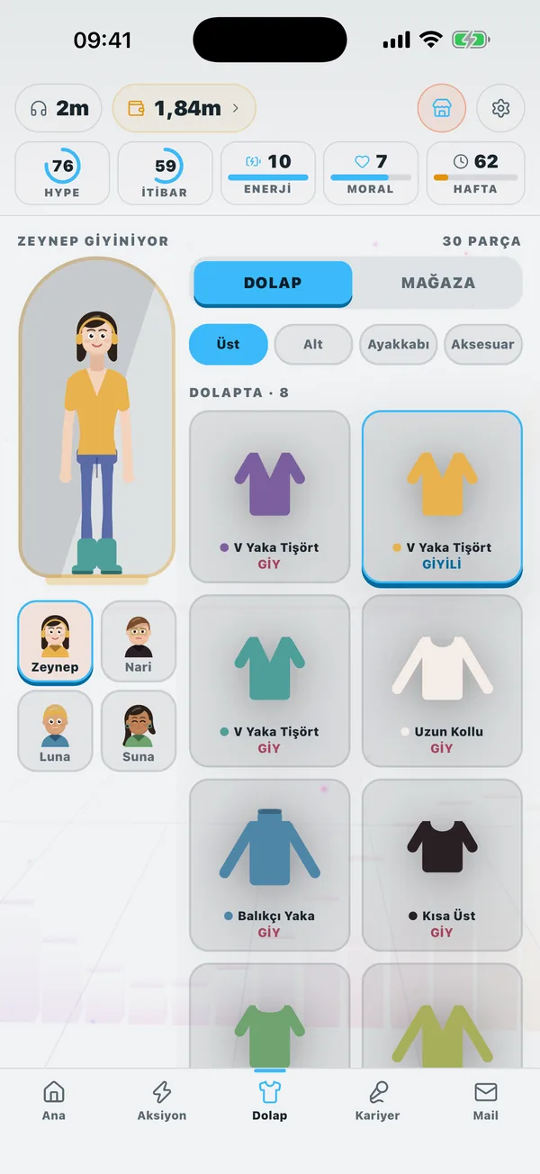 Wardrobe screen: dressing a member in a top, bottom, shoes and accessory