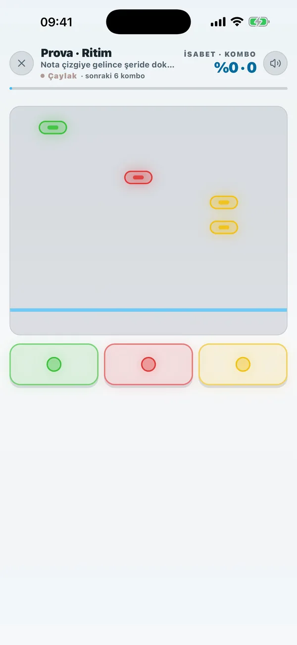 Rehearsal rhythm mini game: notes falling down three coloured lanes